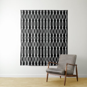 White Abstract Wavy Geometric Pattern op Black Wandkleed