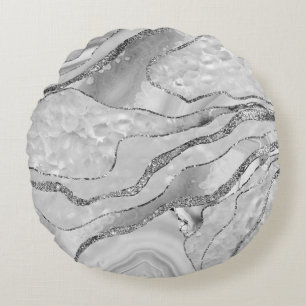 White Agate Silver Glitter Glam #1 (Faux Glitter) Rond Kussen