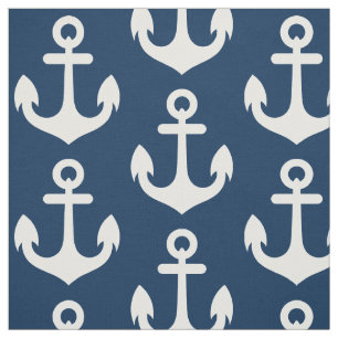 White Anchor on Navy Blue Background Pattern Stof