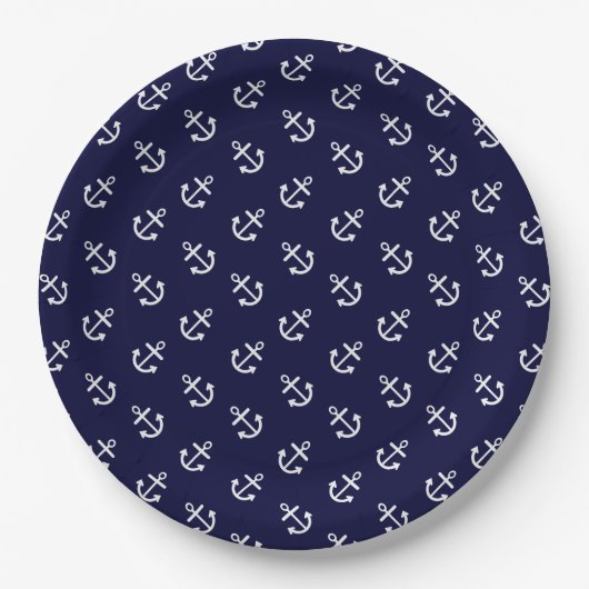 White Anchors Navy Blue Background Pattern Papieren Bordje (Voorkant)