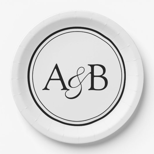 White and Black Monogram and Ampersand Couple's Papieren Bordje (Voorkant)