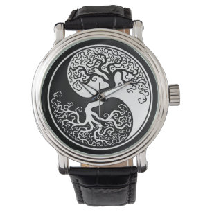 White and Black Tree of Life Yin Yang Horloge