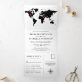 White and Black World Map All in One Wedding Drieluik Uitnodiging (Binnen)