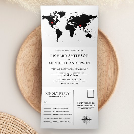 White and Black World Map All in One Wedding Drieluik Uitnodiging