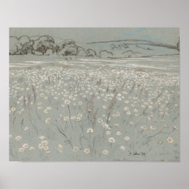 White and blue flower field vintage art print