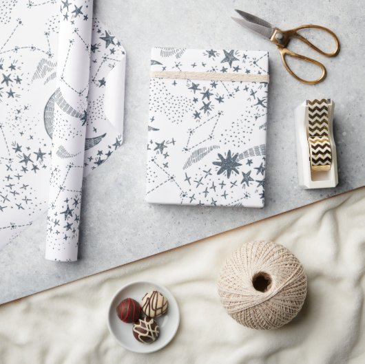 White and Blue Starry Moon Pattern Cadeaupapier (Crafts)