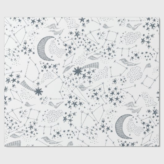 White and Blue Starry Moon Pattern Cadeaupapier (Vlak)