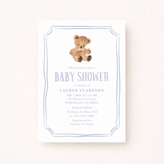 White and Blue Teddy Bear Baby Shower Invitation