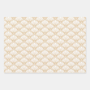 White and Gold Art Deco Fan Flowers Motif Inpakpapier Vel