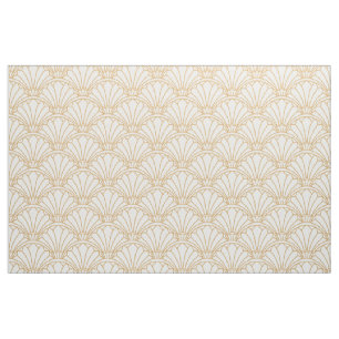 White and Gold Art Deco Fan Flowers Motif Stof