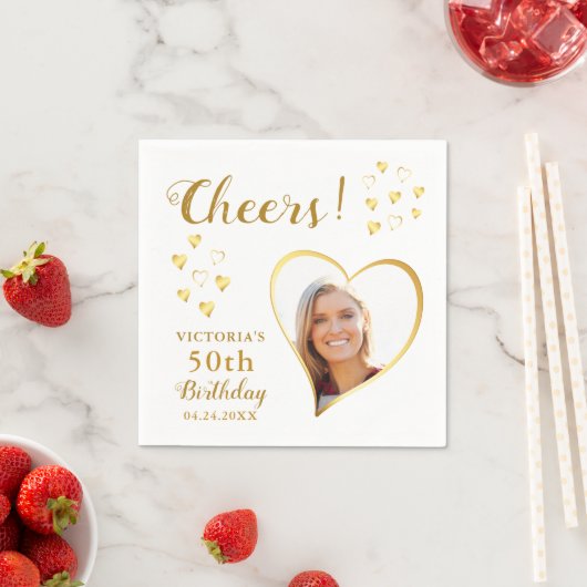 White and Gold Cheers Custom Photo 50th Birthday Servet (Insitu)