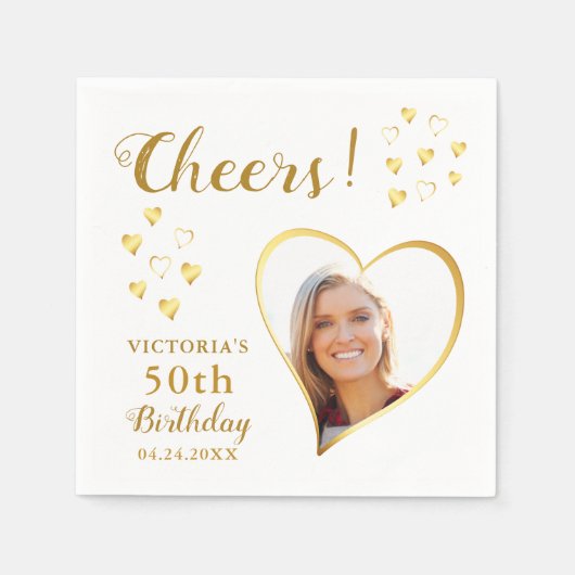 White and Gold Cheers Custom Photo 50th Birthday Servet (Voorkant)