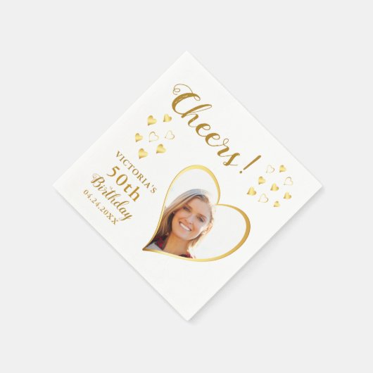 White and Gold Cheers Custom Photo 50th Birthday Servet (Hoek)