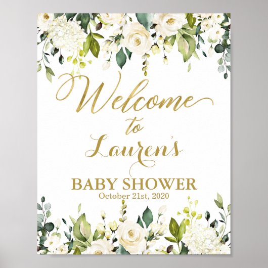 White and Gold Greenery Baby shower welkomstbord Poster (Voorkant)