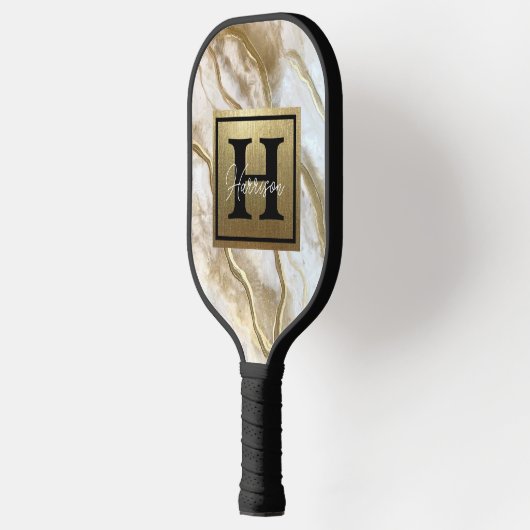 White and Gold Marble Monogram Name Persoonlijk Pickleball Paddle (Links)