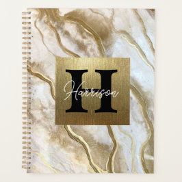 White and Gold Marble Monogram Name Persoonlijk Planner