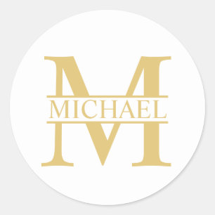 White and Gold Personalized Monogram and Name Ronde Sticker