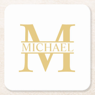 White and Gold Personalized Monogram and Name Vierkante Kartonnen Onderzetter