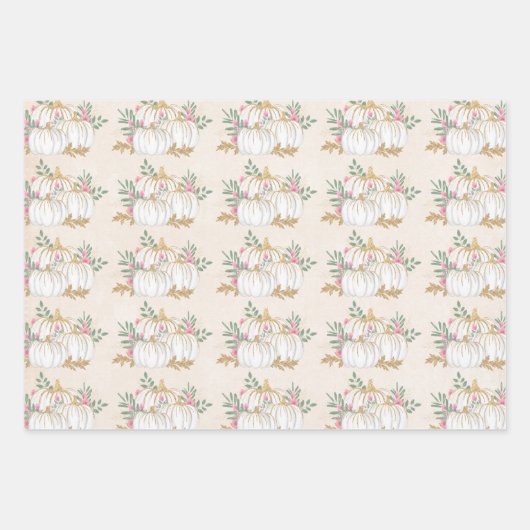 White and Gold Pumpkins Waterverf Pattern Inpakpapier Vel (Voorkant)