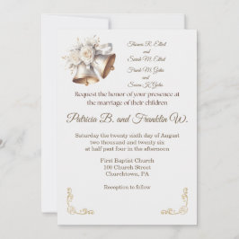 White and Gold Wedding Bells Wedding Invitation Kaart