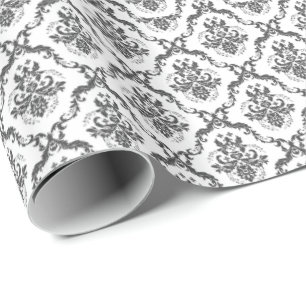 White and Grey Floral Damascus Patroon Cadeaupapier