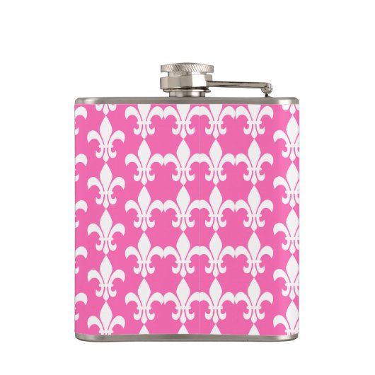 White and Hot Pink Fleur de Lis Pattern Heupfles (Achterkant)