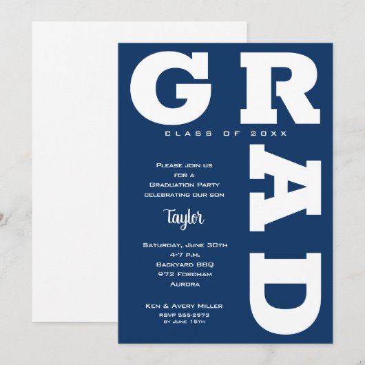 White and Navy Blue Graduation Party Kaart (Voorkant / Achterkant)