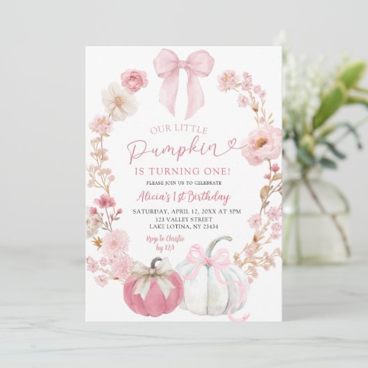 White and Pink Bow Coquette Pumpkin 1st Birthday Kaart (Staand voorkant)