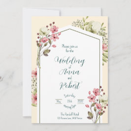 White And Pink Wildflowers Geometric Wedding Kaart