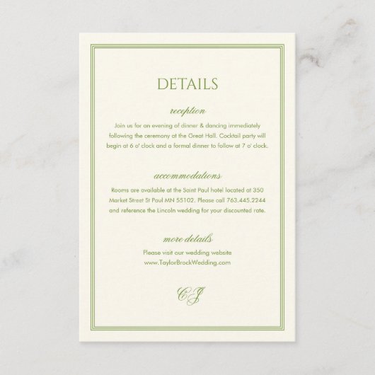 White and Sage Green Wedding Details Informatiekaartje (Voorkant)