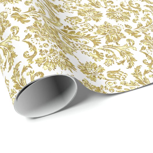 White and Shiny Gold Floral Damascus Patroon Cadeaupapier (Rol Hoek)