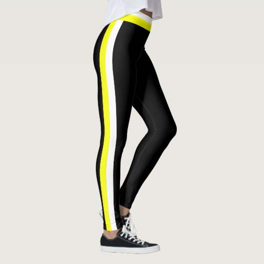 White and Yellow Side Stripe Black Sports Leggings (Droite)