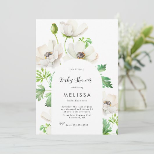 White Anemone Baby shower Invitation Kaart (Staand voorkant)