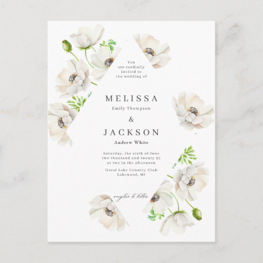 White Anemone Flower Wedding Invitation Briefkaart (Voorkant)