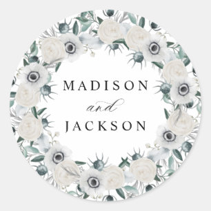 White Anemones and Rozen Personalized Wedding Ronde Sticker