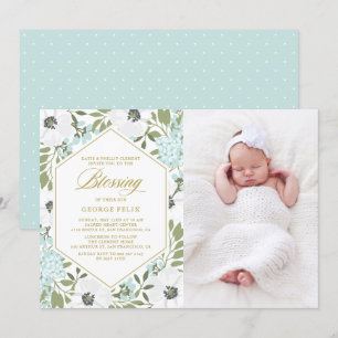 White Anemones Blue Floral Photo Baby Blessing Kaart