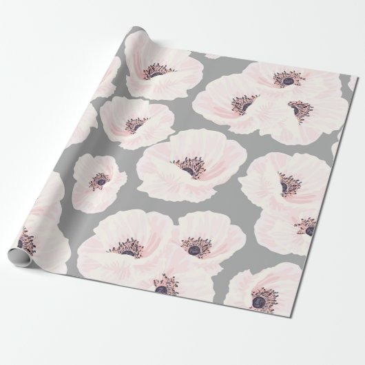 White Anemones Floral Wrapping Paper Cadeaupapier (Uitgerold)