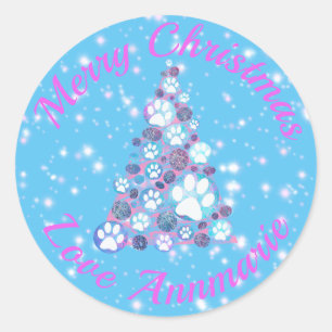 White Animal Paw Roze & Blue-kerstboom LtBlue Ronde Sticker