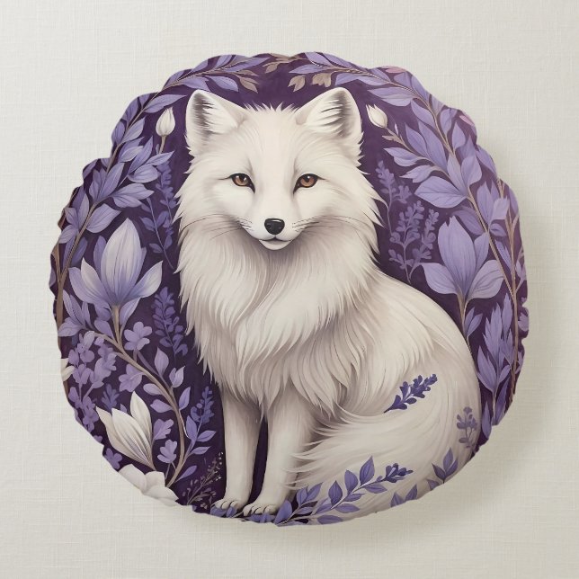 White Arctic Fox Lavendel William Morris Flowers Rond Kussen (Voorkant)
