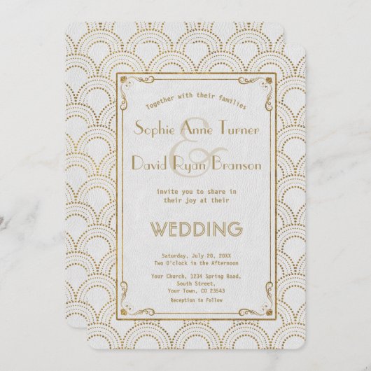 White Art Deco Gold 1920s Wedding Invitation (Devant / Derrière)