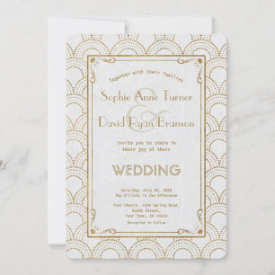 White Art Deco Gold Wedding Invite 1920 Kaart
