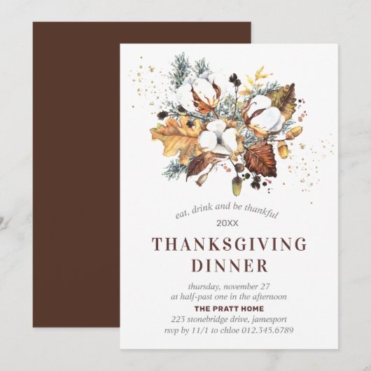 White Autumn Floral Thanksgiving Dinner Kaart (Voorkant / Achterkant)