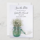 White Babys Breath Blue Jar Wedding Save the Date (Voorkant)