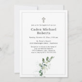 White Baptism Greenery Cross Invitation Kaart (Voorkant)