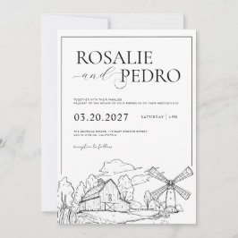 White Barn Farm Line Art Rustic Elegant Wedding Kaart