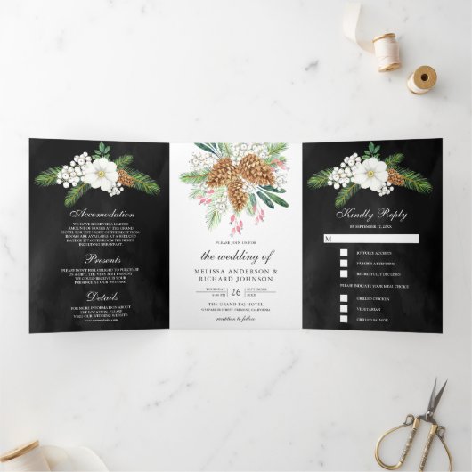 White Berries Pine Cones Black kerstbruiloft Drieluik Uitnodiging (Binnen)