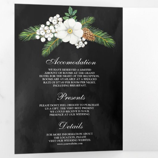 White Berries Pine Cones Black kerstbruiloft Drieluik Uitnodiging (Binnenzijde eerst)