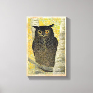 White Birch and Horned Owl Katsuda Yukio bird art Canvas Afdruk