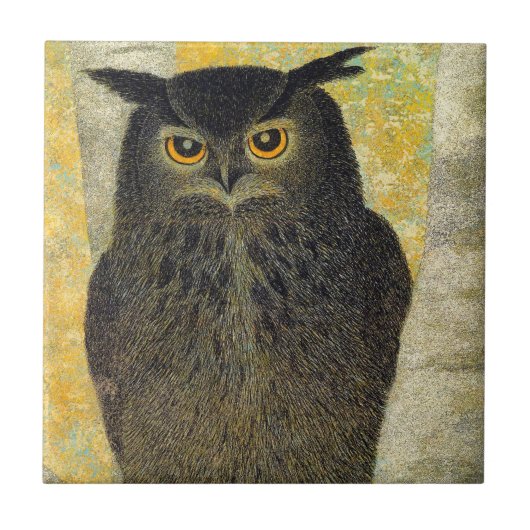 White Birch and Horned Owl Katsuda Yukio bird art Tegeltje (Voorkant)