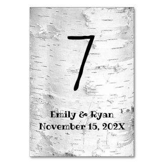 White Birch Rustic Wedding Table Number kaarten